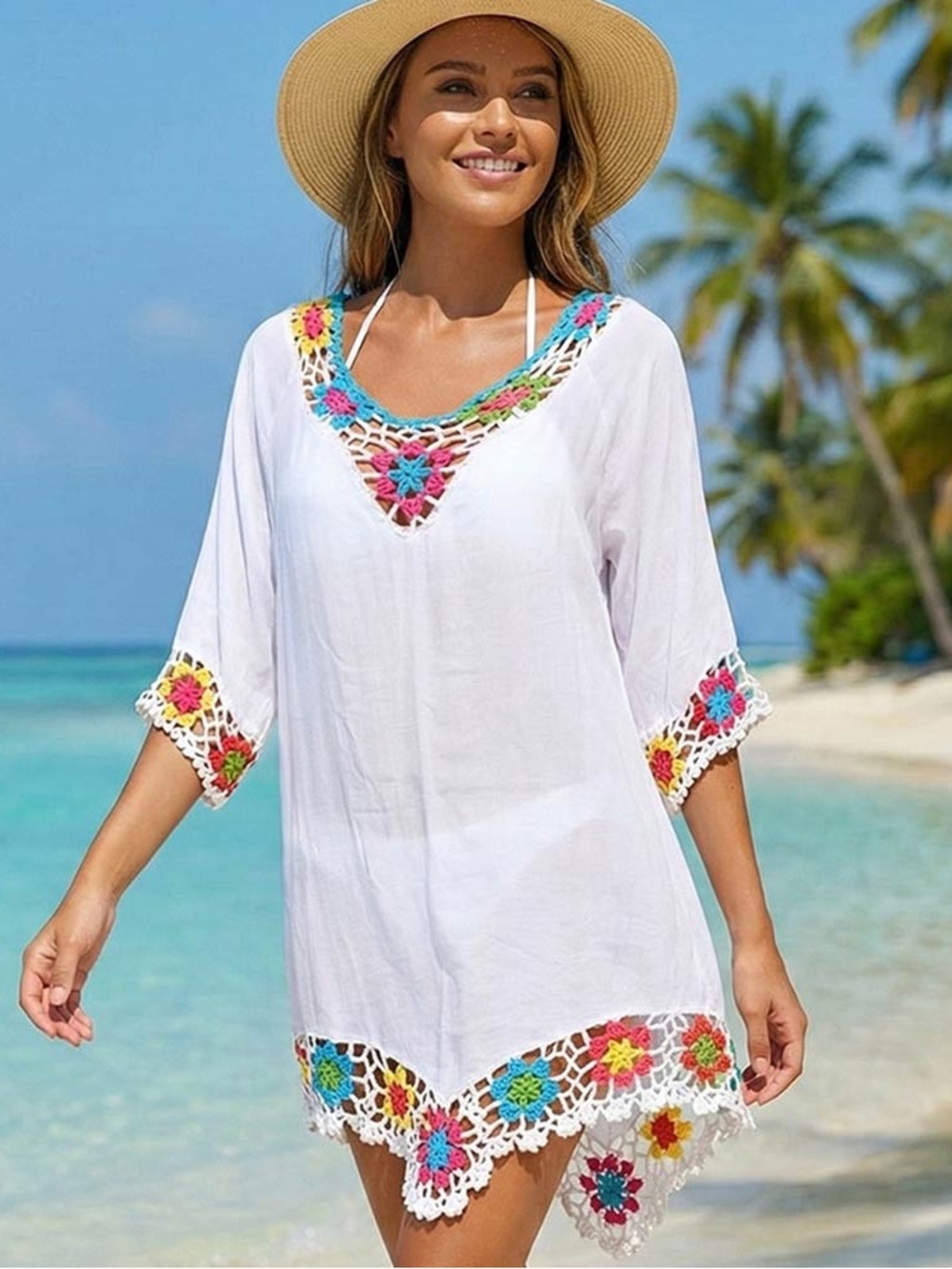 White Crochet-Trim Beach Cover-Up Tunic - Women Swim